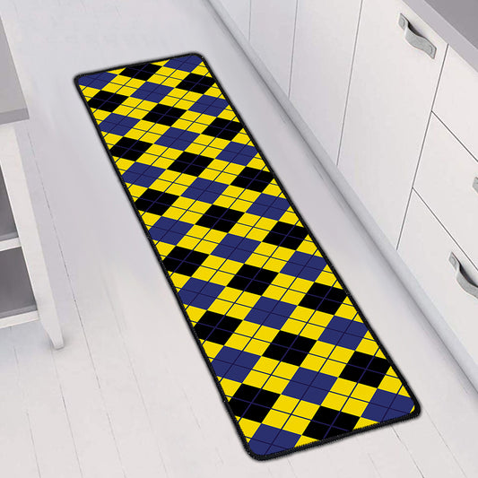 Yellow Blue And Black Argyle Print Long Kitchen Mat
