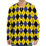 Yellow Blue And Black Argyle Print Long Sleeve Baseball Jersey