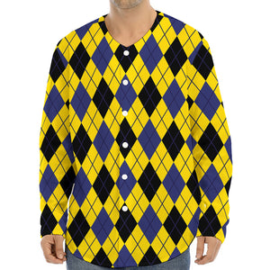 Yellow Blue And Black Argyle Print Long Sleeve Baseball Jersey