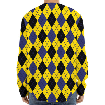 Yellow Blue And Black Argyle Print Long Sleeve Baseball Jersey