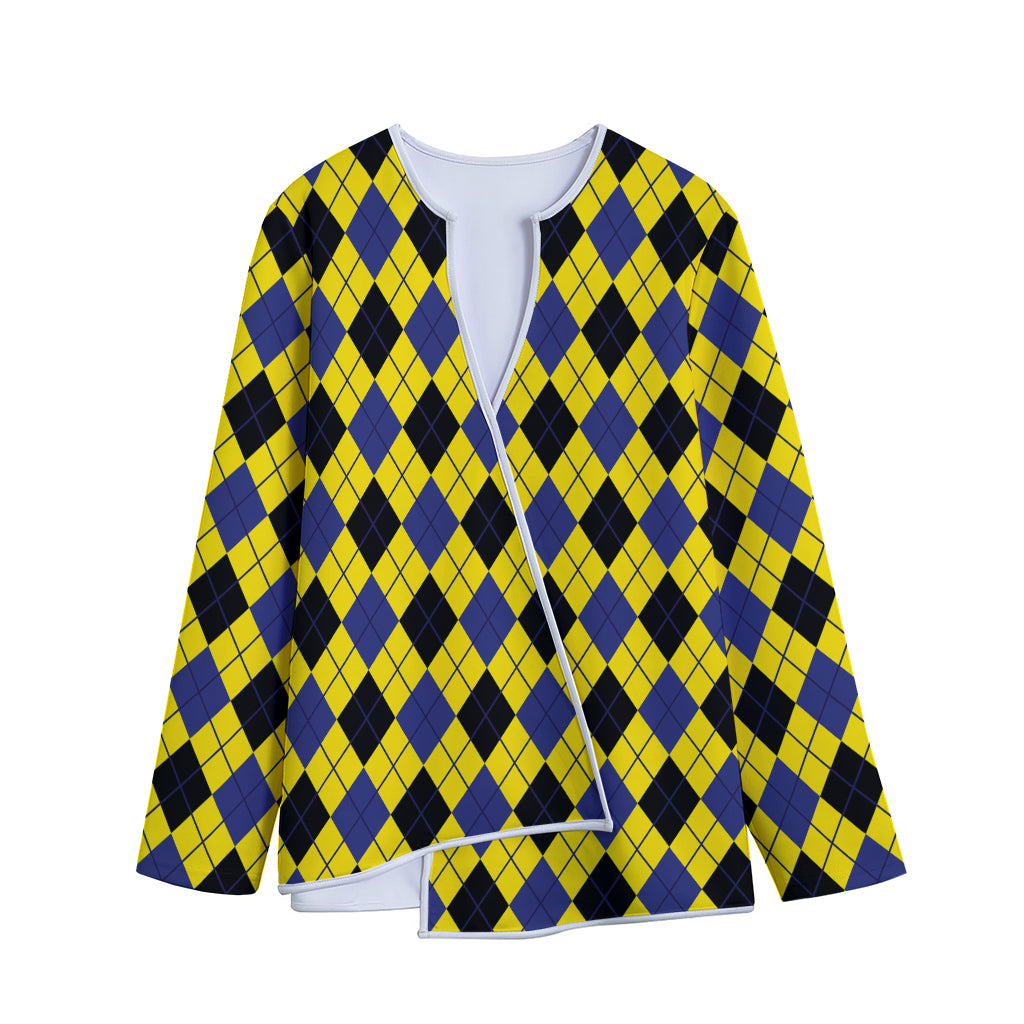 Yellow Blue And Black Argyle Print Long Sleeve Short Coat