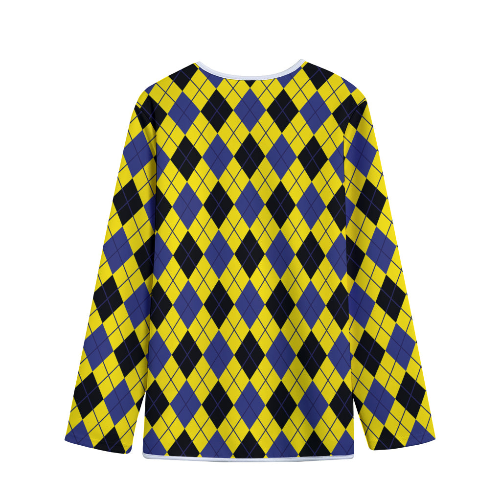 Yellow Blue And Black Argyle Print Long Sleeve Short Coat