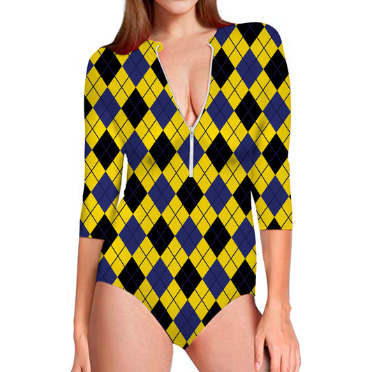 Yellow Blue And Black Argyle Print Long Sleeve Swimsuit