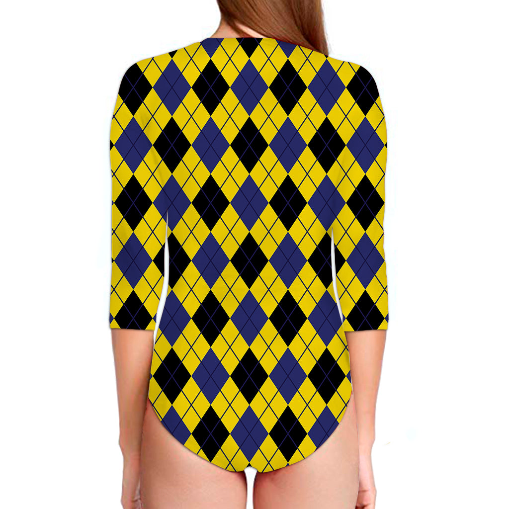 Yellow Blue And Black Argyle Print Long Sleeve Swimsuit