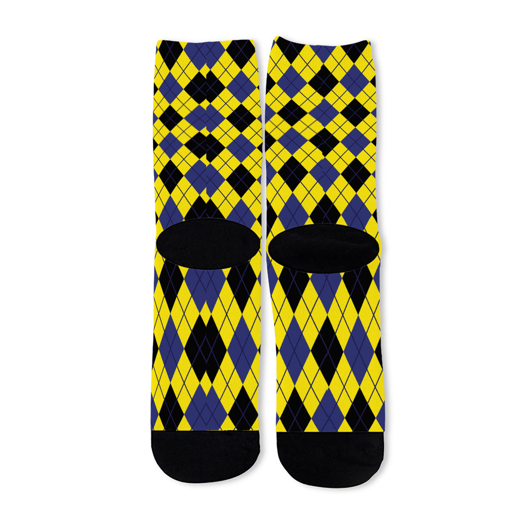 Yellow Blue And Black Argyle Print Long Socks
