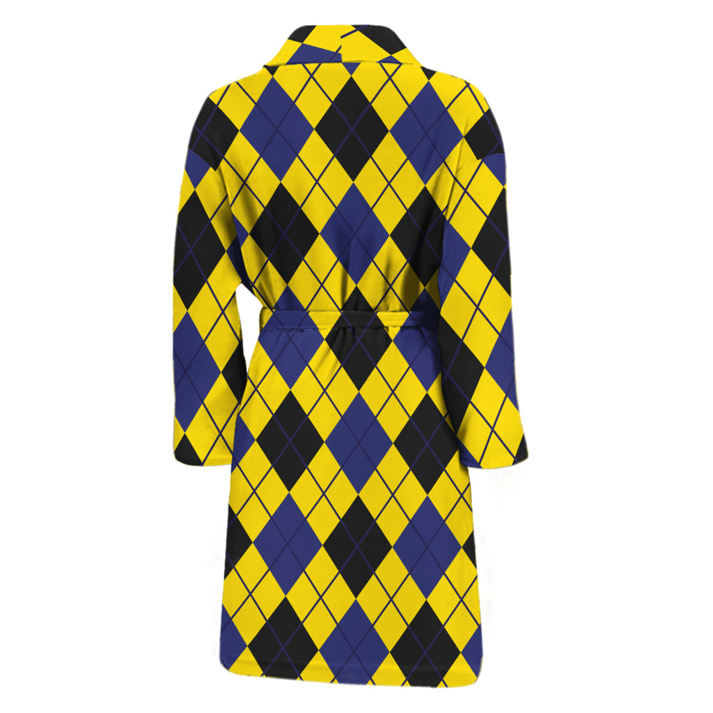 Yellow Blue And Black Argyle Print Men's Bathrobe