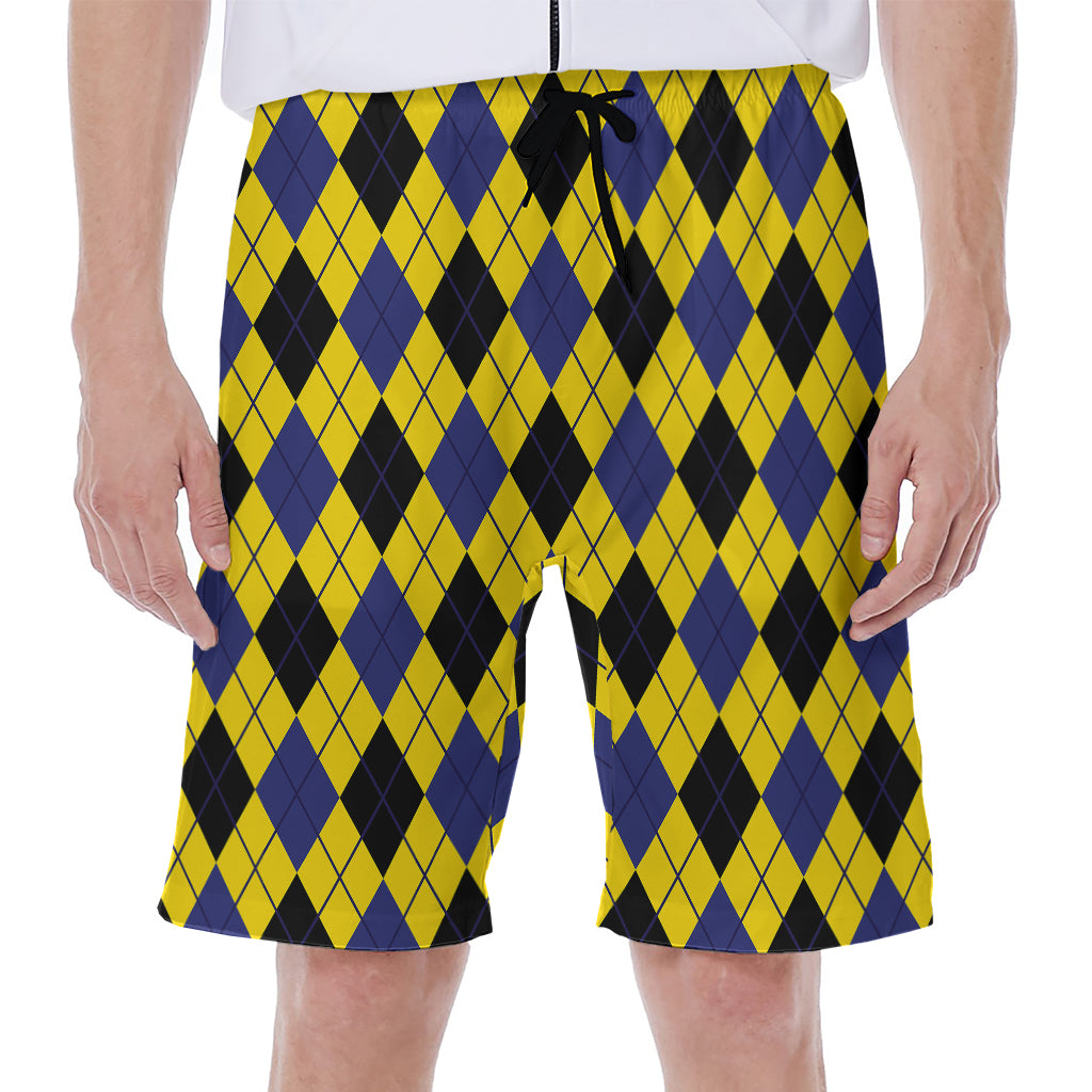 Yellow Blue And Black Argyle Print Men's Beach Shorts