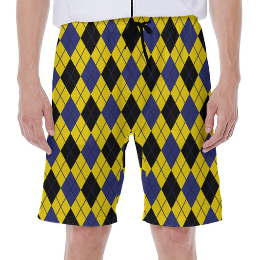 Yellow Blue And Black Argyle Print Men's Beach Shorts