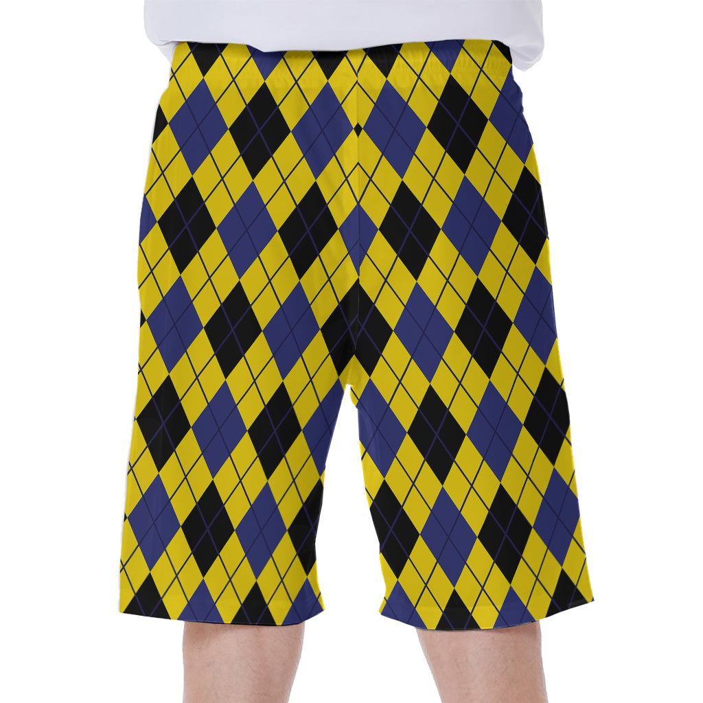 Yellow Blue And Black Argyle Print Men's Beach Shorts