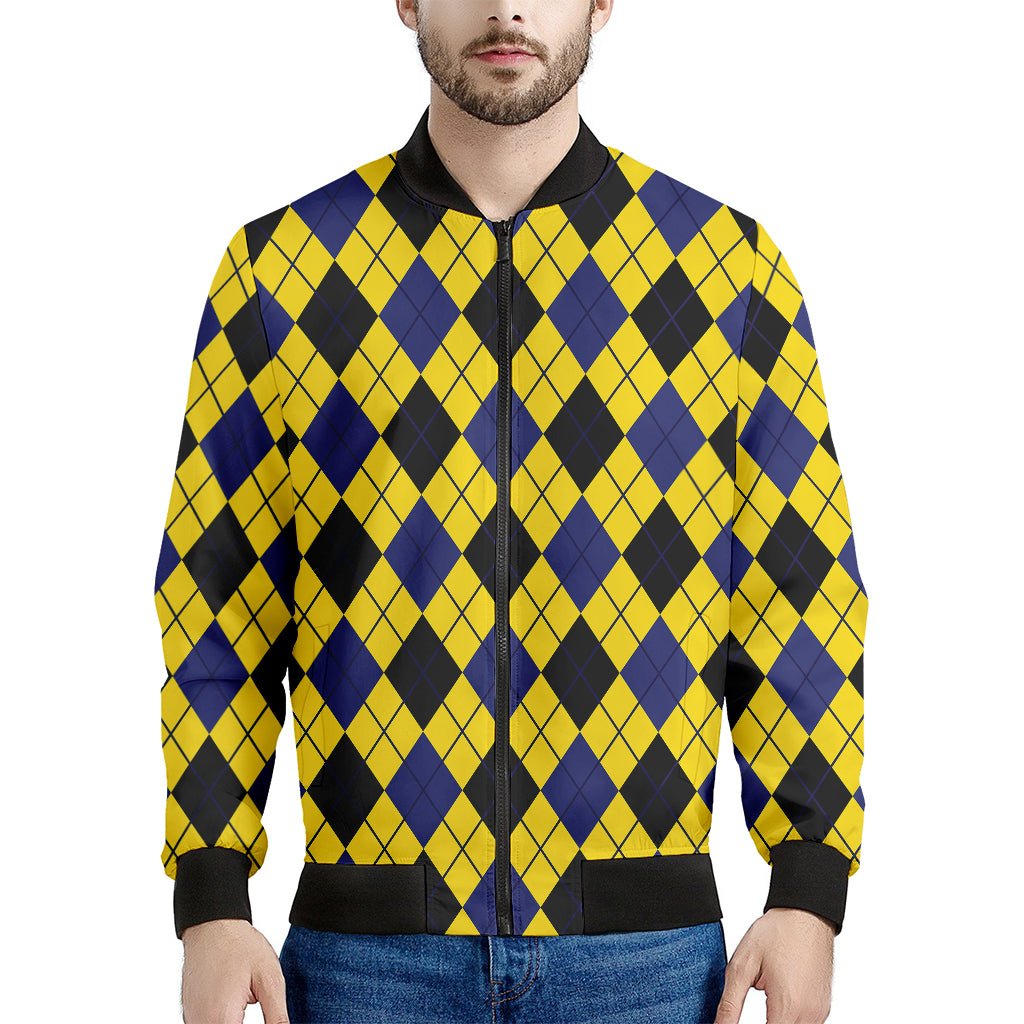 Yellow Blue And Black Argyle Print Men's Bomber Jacket