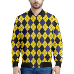 Yellow Blue And Black Argyle Print Men's Bomber Jacket