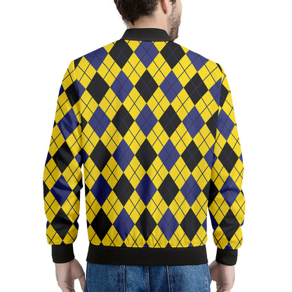 Yellow Blue And Black Argyle Print Men's Bomber Jacket