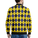 Yellow Blue And Black Argyle Print Men's Bomber Jacket