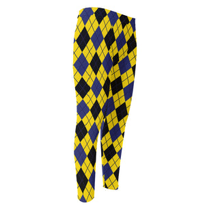 Yellow Blue And Black Argyle Print Men's Compression Pants