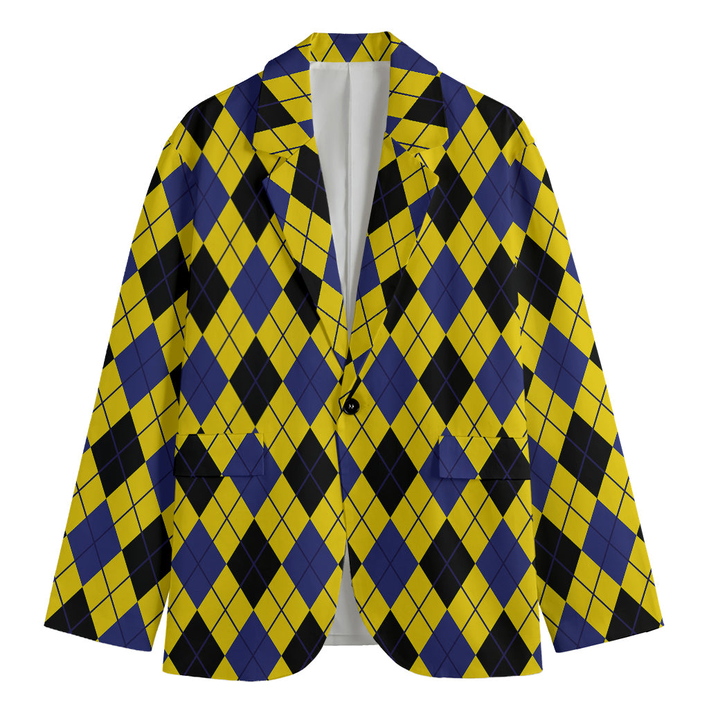Yellow Blue And Black Argyle Print Men's Cotton Blazer