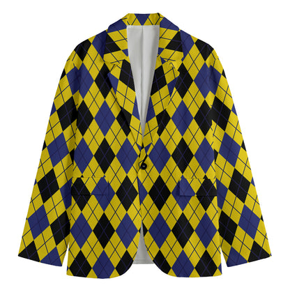 Yellow Blue And Black Argyle Print Men's Cotton Blazer