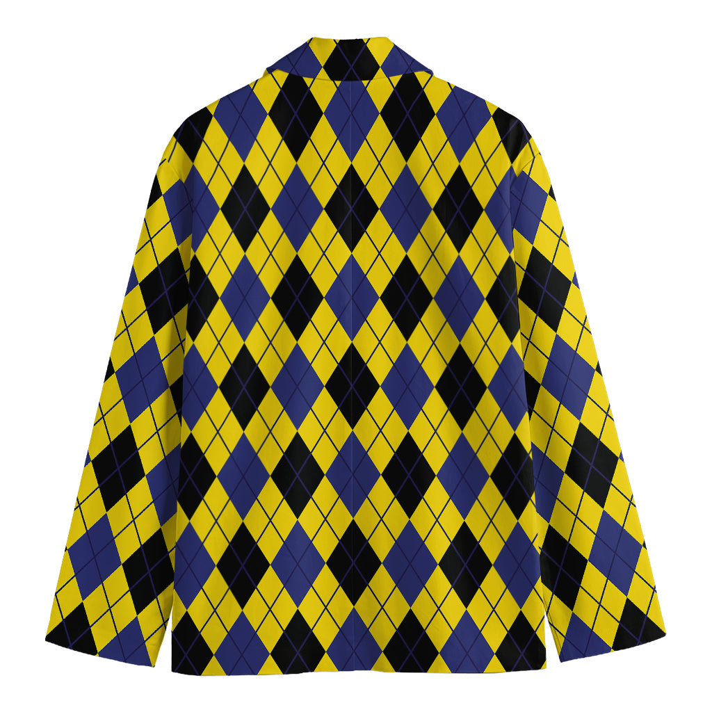 Yellow Blue And Black Argyle Print Men's Cotton Blazer