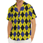 Yellow Blue And Black Argyle Print Men's Deep V-Neck Shirt