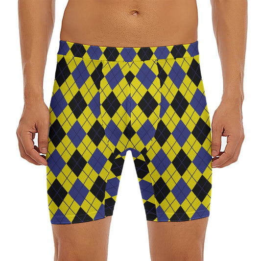 Yellow Blue And Black Argyle Print Men's Long Boxer Briefs