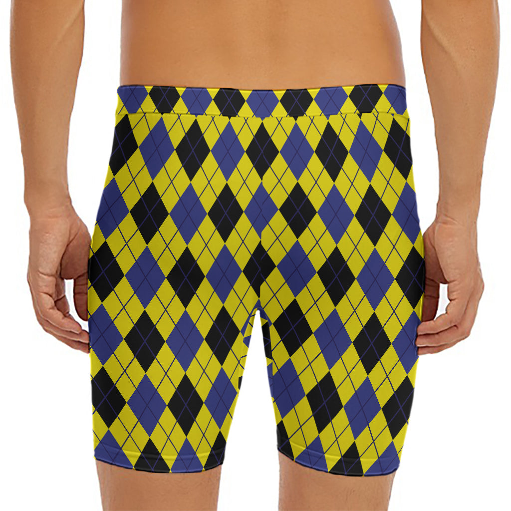 Yellow Blue And Black Argyle Print Men's Long Boxer Briefs