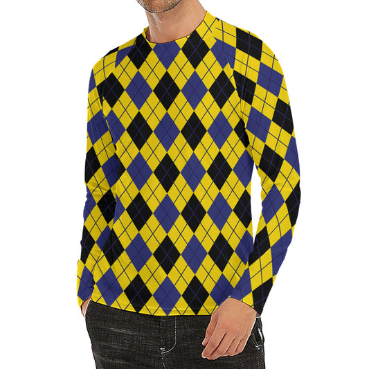 Yellow Blue And Black Argyle Print Men's Long Sleeve Rash Guard
