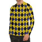 Yellow Blue And Black Argyle Print Men's Long Sleeve Rash Guard
