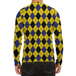 Yellow Blue And Black Argyle Print Men's Long Sleeve Rash Guard