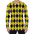 Yellow Blue And Black Argyle Print Men's Long Sleeve T-Shirt