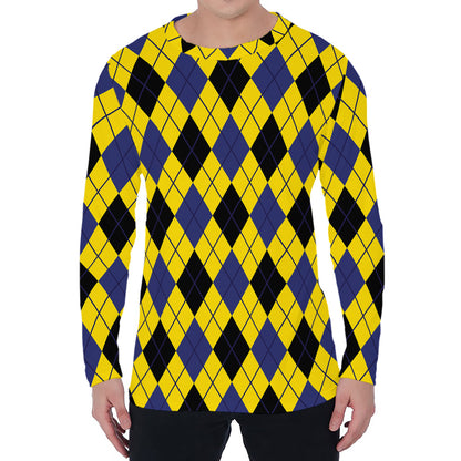 Yellow Blue And Black Argyle Print Men's Long Sleeve T-Shirt