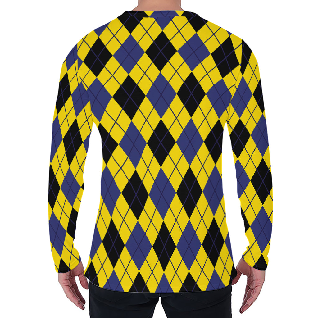 Yellow Blue And Black Argyle Print Men's Long Sleeve T-Shirt