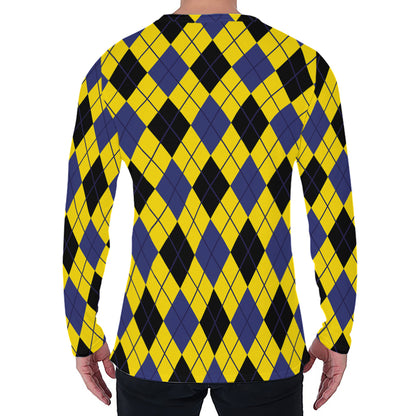 Yellow Blue And Black Argyle Print Men's Long Sleeve T-Shirt