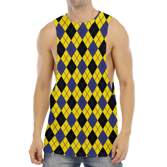 Yellow Blue And Black Argyle Print Men's Muscle Tank Top