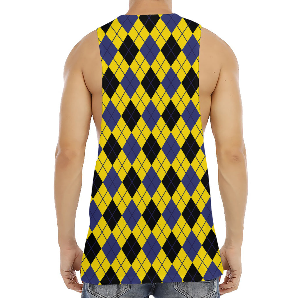 Yellow Blue And Black Argyle Print Men's Muscle Tank Top