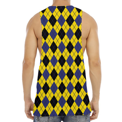 Yellow Blue And Black Argyle Print Men's Muscle Tank Top