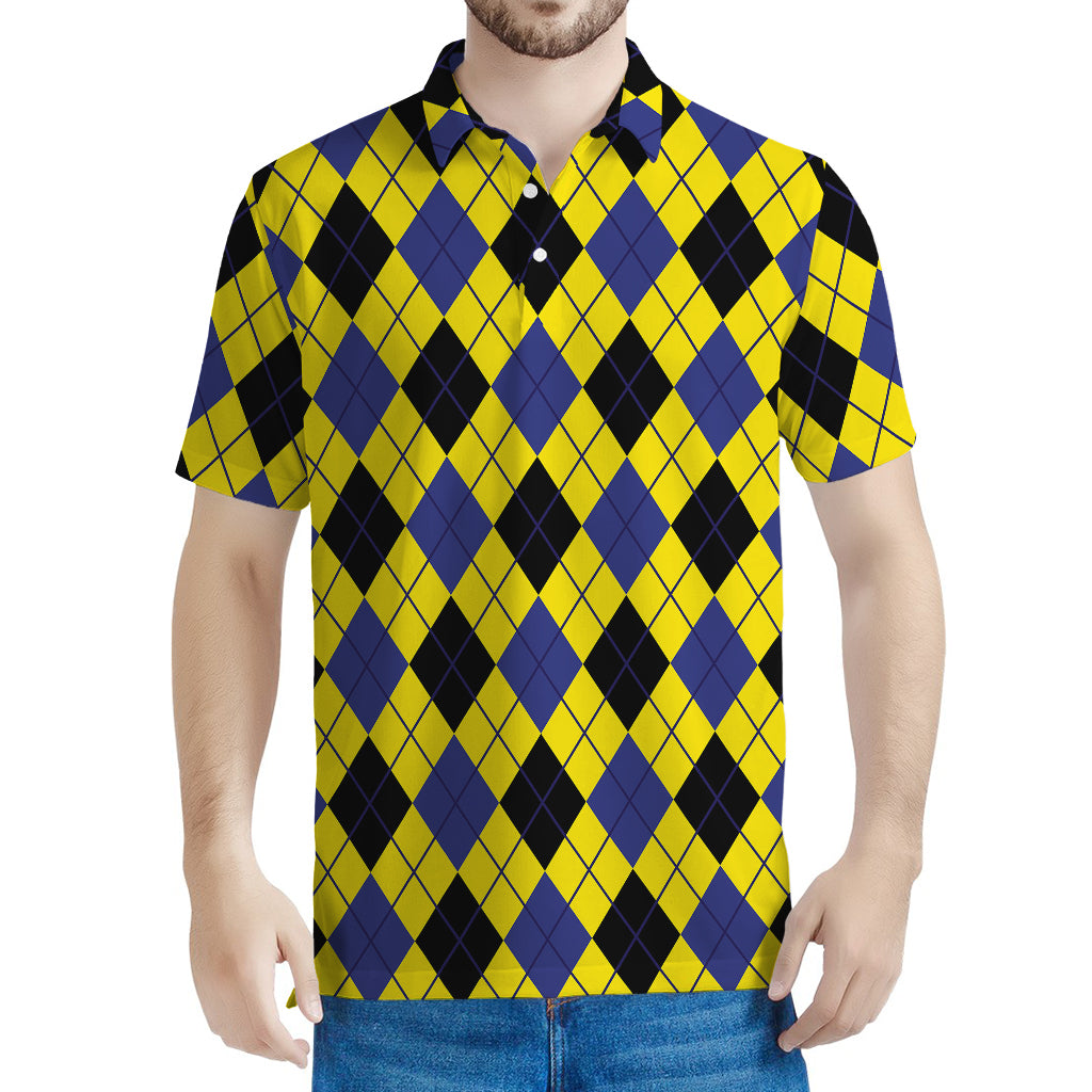 Yellow Blue And Black Argyle Print Men's Polo Shirt