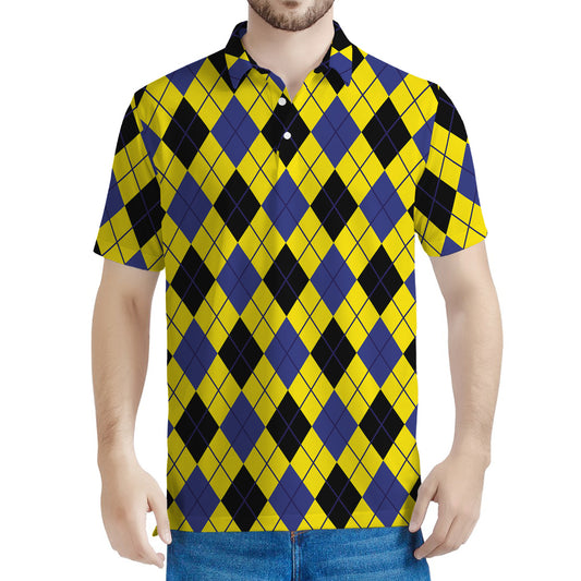 Yellow Blue And Black Argyle Print Men's Polo Shirt