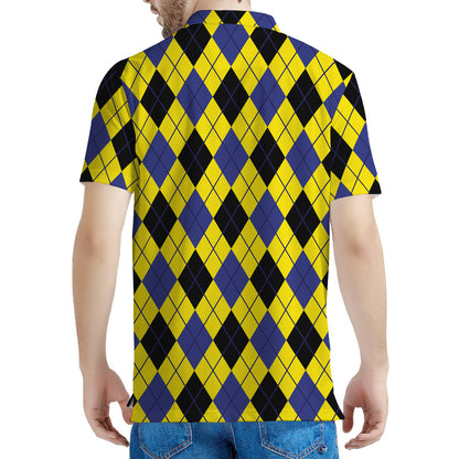 Yellow Blue And Black Argyle Print Men's Polo Shirt