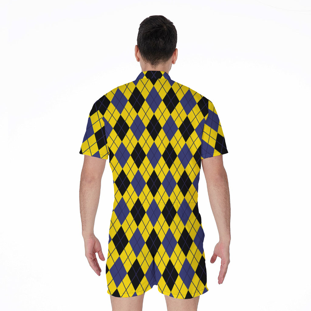 Yellow Blue And Black Argyle Print Men's Rompers
