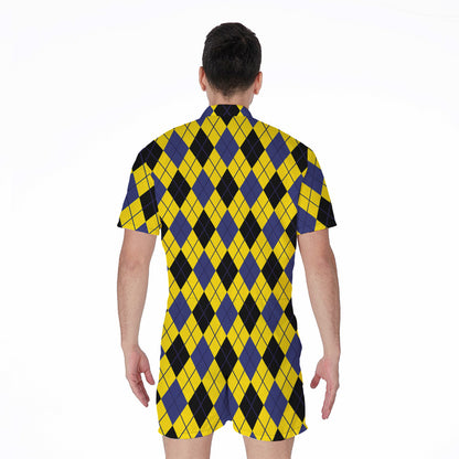 Yellow Blue And Black Argyle Print Men's Rompers
