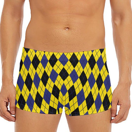 Yellow Blue And Black Argyle Print Men's Short Boxer Briefs