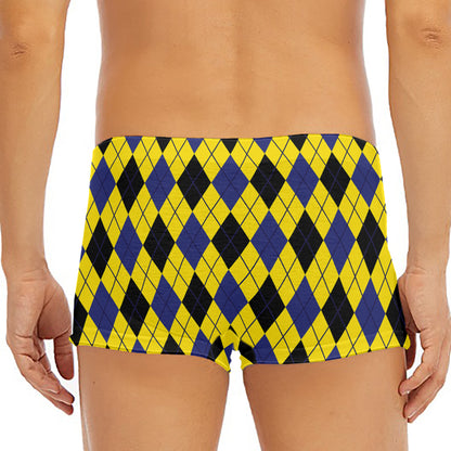 Yellow Blue And Black Argyle Print Men's Short Boxer Briefs