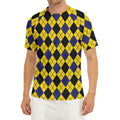 Yellow Blue And Black Argyle Print Men's Short Sleeve Rash Guard