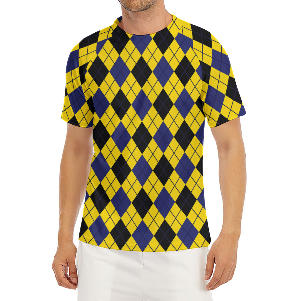 Yellow Blue And Black Argyle Print Men's Short Sleeve Rash Guard