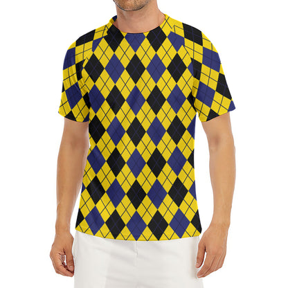 Yellow Blue And Black Argyle Print Men's Short Sleeve Rash Guard