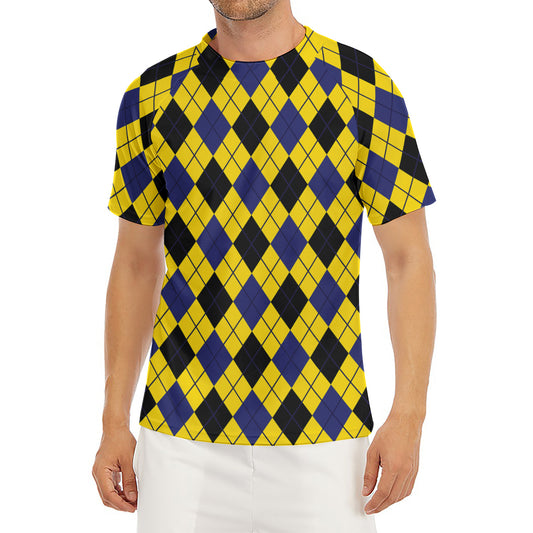 Yellow Blue And Black Argyle Print Men's Short Sleeve Rash Guard