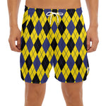 Yellow Blue And Black Argyle Print Men's Split Running Shorts