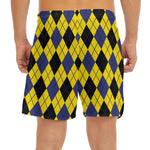 Yellow Blue And Black Argyle Print Men's Split Running Shorts