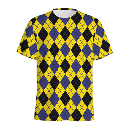 Yellow Blue And Black Argyle Print Men's Sports T-Shirt