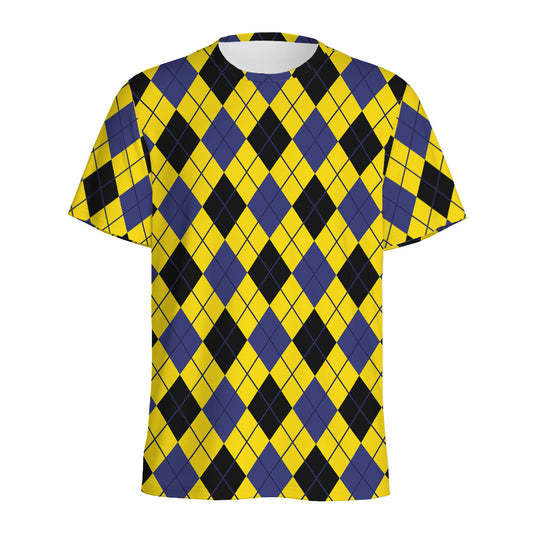 Yellow Blue And Black Argyle Print Men's Sports T-Shirt