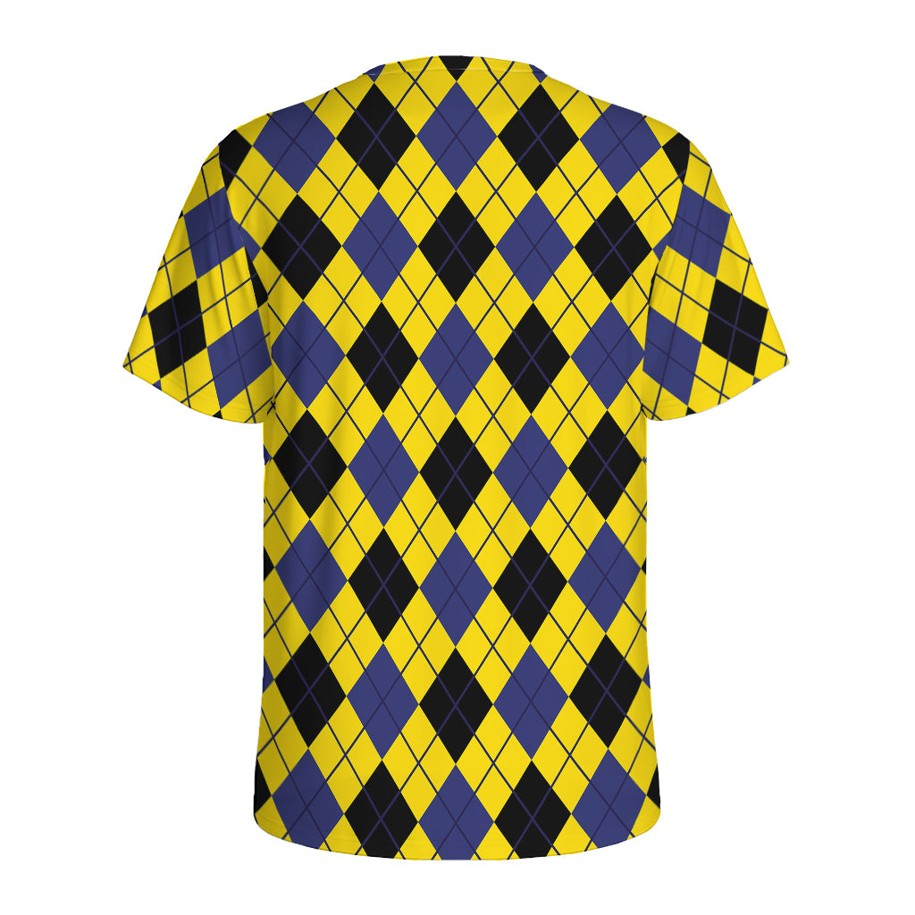 Yellow Blue And Black Argyle Print Men's Sports T-Shirt
